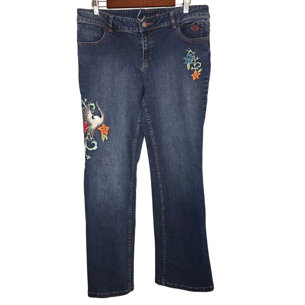 Harley Davidson Women's Embroidered Phoenix Floral Bootcut Jeans Size 14 EUC